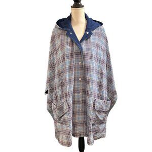 Vintage Pendleton Blanket Poncho Blue Plaid Wool Oversized Pearl Snap‎ Workwear